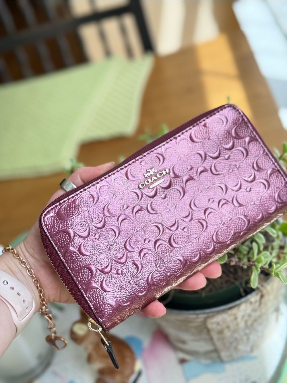 COACH Metallic Rose Pink Embossed Signature Zip Wallet